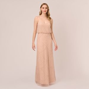 Adrianna Papell Art Deco Beaded Blouson  Gown In Aurora Pink